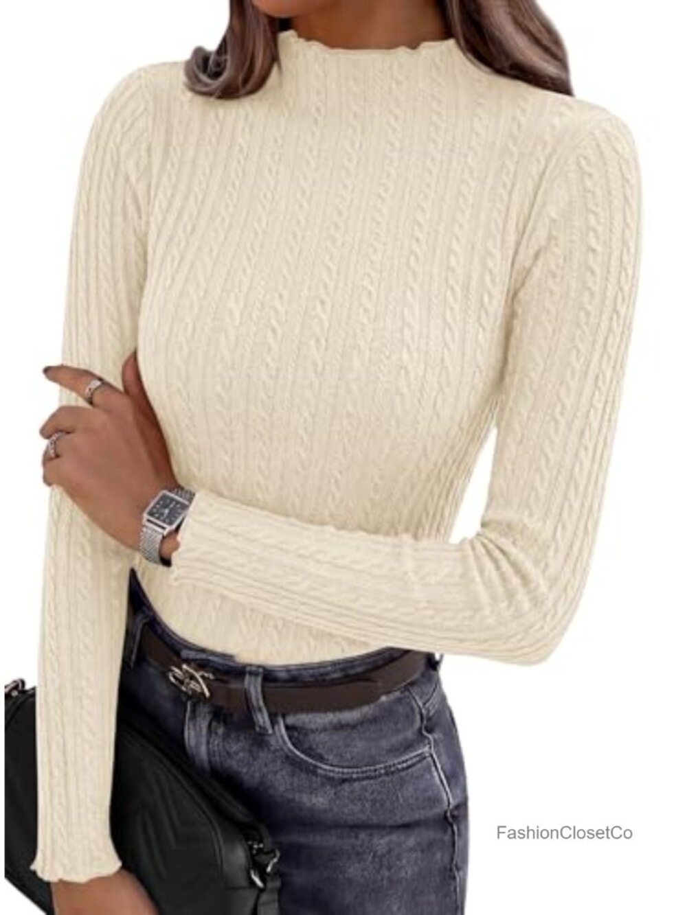 Womens Long Sleeve Fitted Shirt Mock Neck Basic Tee Lettuce Trim